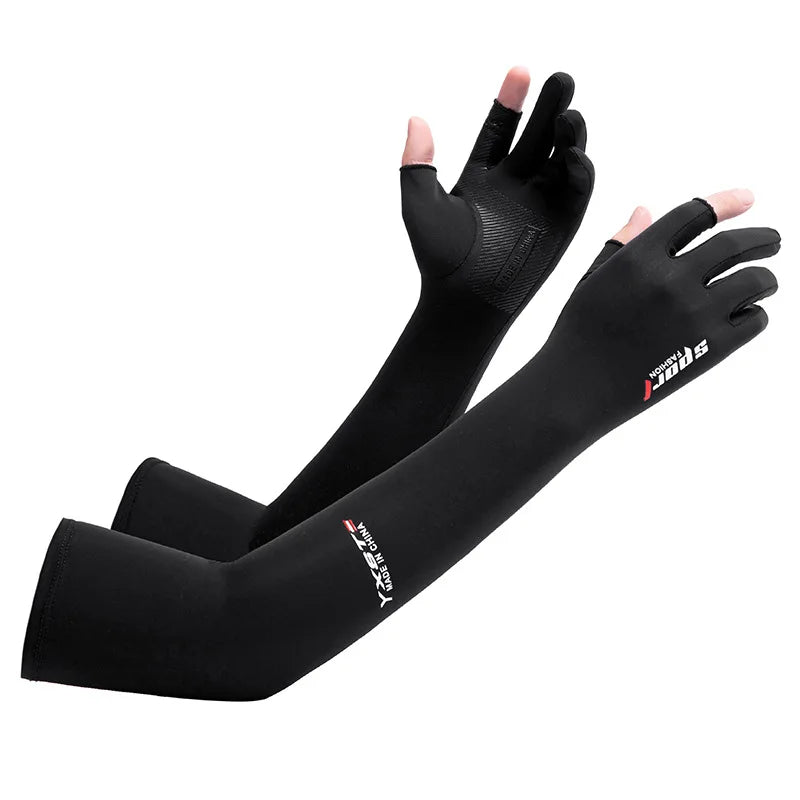 Ice Silk Sleeves Women Summer Sun Protection Men Fishing Cycling Breathable Two-Finger Non-Slip Gloves Arm Warmer Driving Sleeve