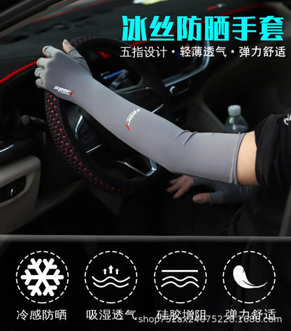 Ice Silk Sleeves Women Summer Sun Protection Men Fishing Cycling Breathable Two-Finger Non-Slip Gloves Arm Warmer Driving Sleeve