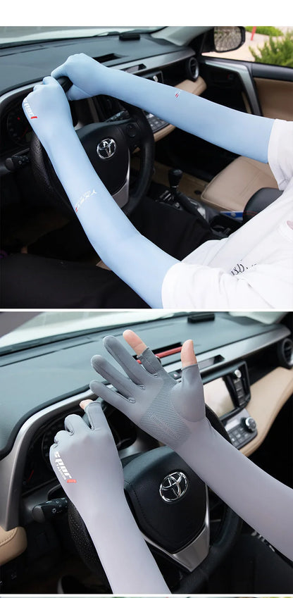 Ice Silk Sleeves Women Summer Sun Protection Men Fishing Cycling Breathable Two-Finger Non-Slip Gloves Arm Warmer Driving Sleeve